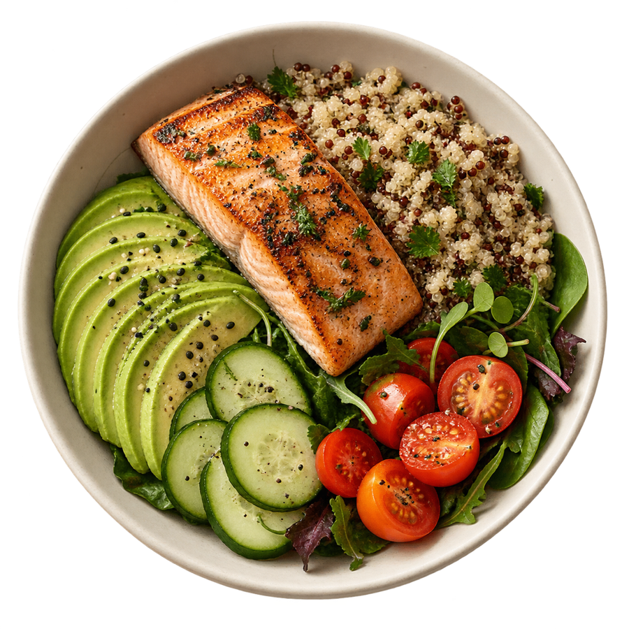 A salmon, grain and avocado bowl photographed for a meal estimate